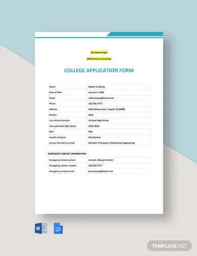 college application form template