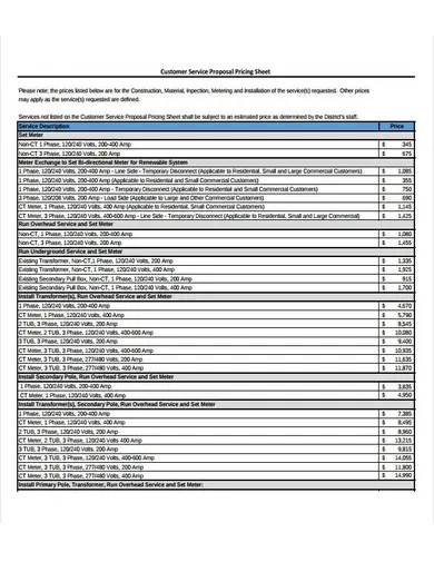 customer service proposal pricing sheet