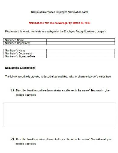 employee recognition award nomination form