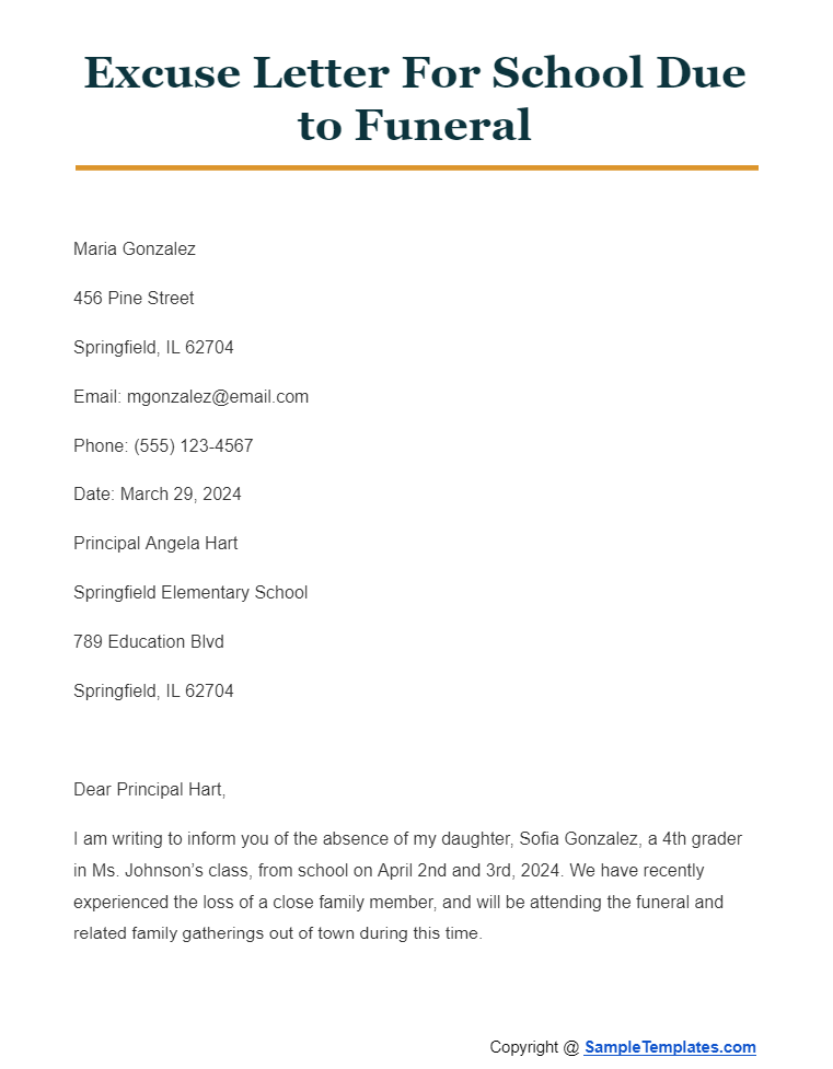 excuse letter for school due to funeral