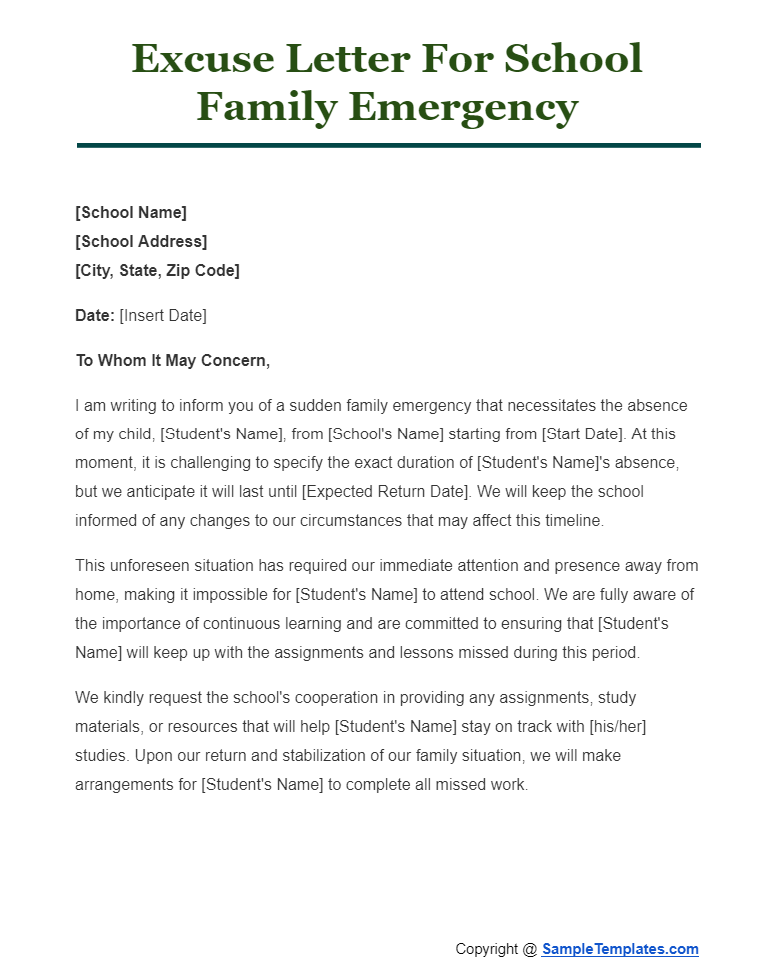 excuse letter for school family emergency