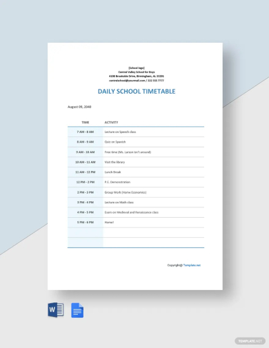 free daily school timetable template