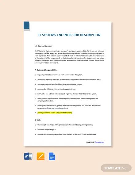 free it systems engineer job description template