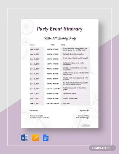 free party event itinerary template