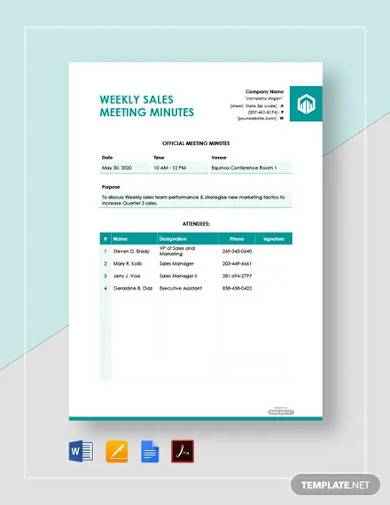 free weekly sales meeting minutes template