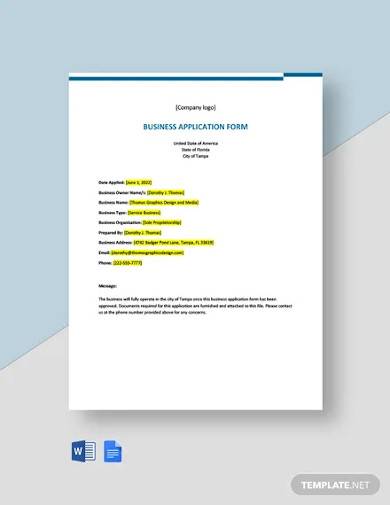 freelance business application form template