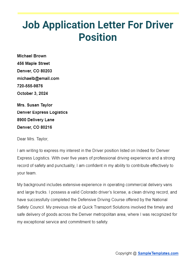 job application letter for driver position