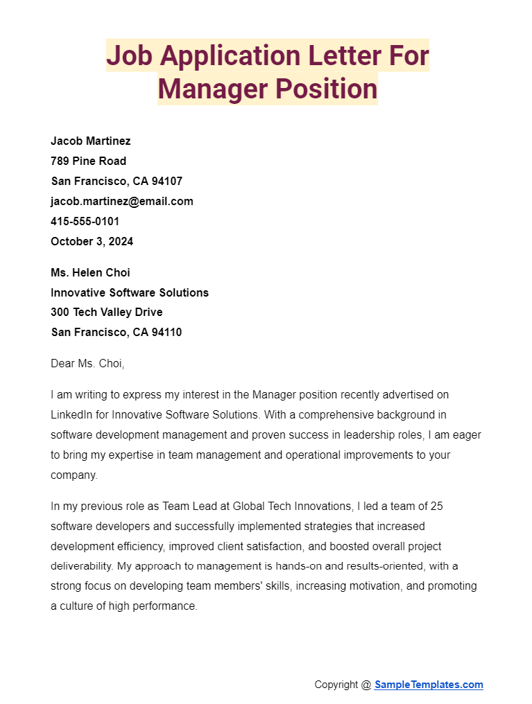 job application letter for manager position