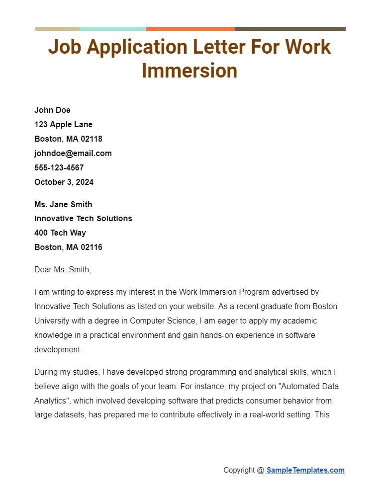 job application letter for work immersion