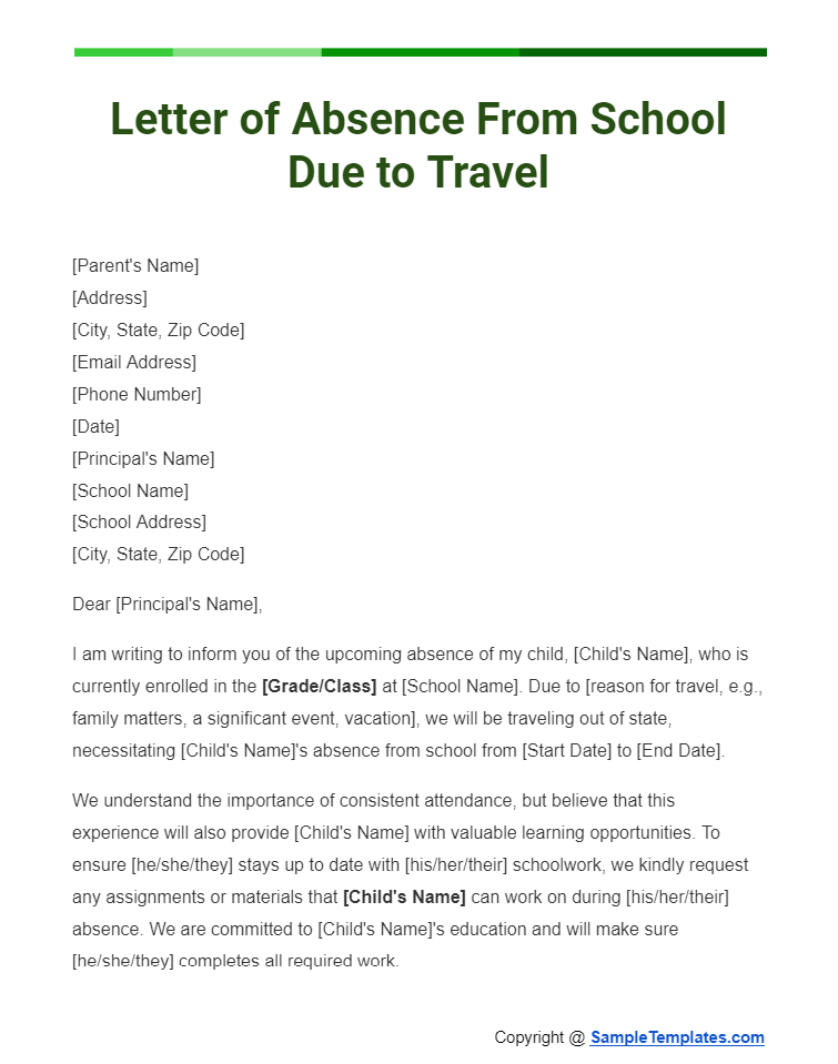 letter of absence from school due to travel