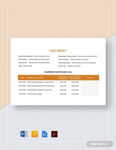 maintenance log sheet template