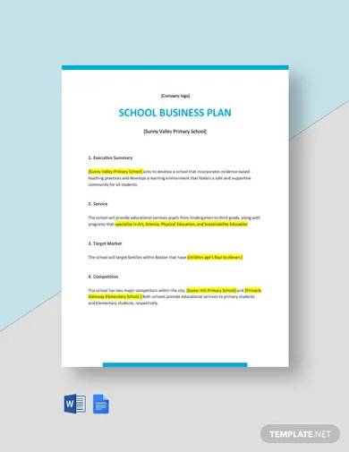one page school business plan template