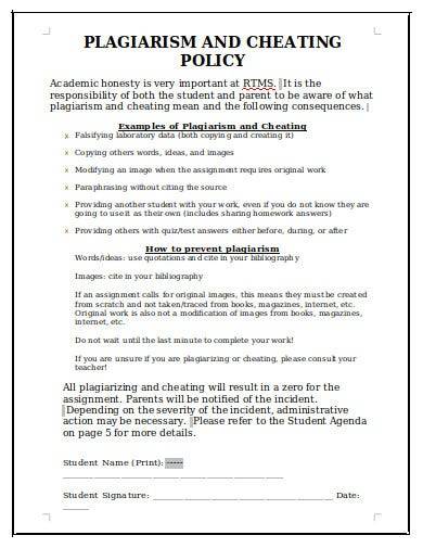 plagiarism cheating policy format