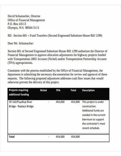 professional fund transfer letter