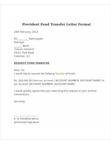 provident fund transfer letter format
