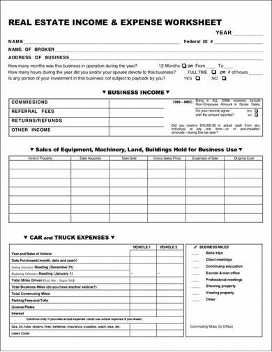 real estate income expenses worksheet