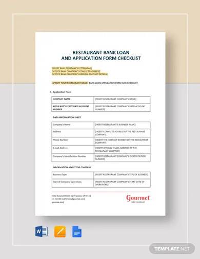 restaurant bank loan and application form checklist