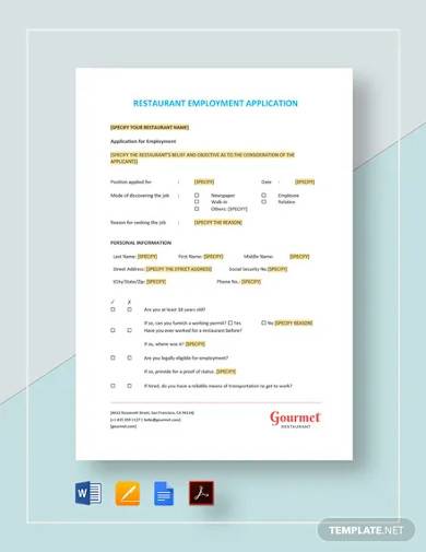 restaurant employment application template