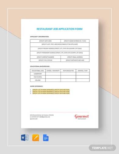 restaurant job application form template