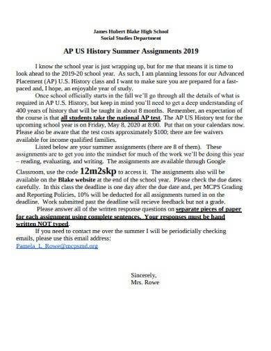 sample history summer assignments