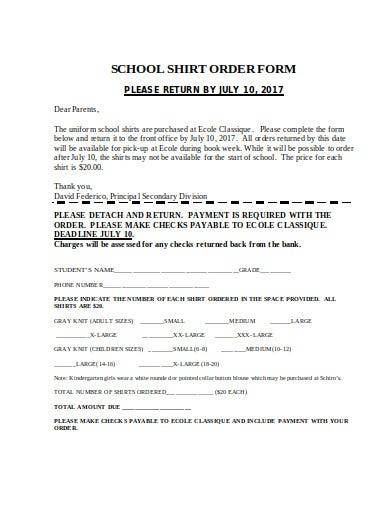 sample school shirt order form
