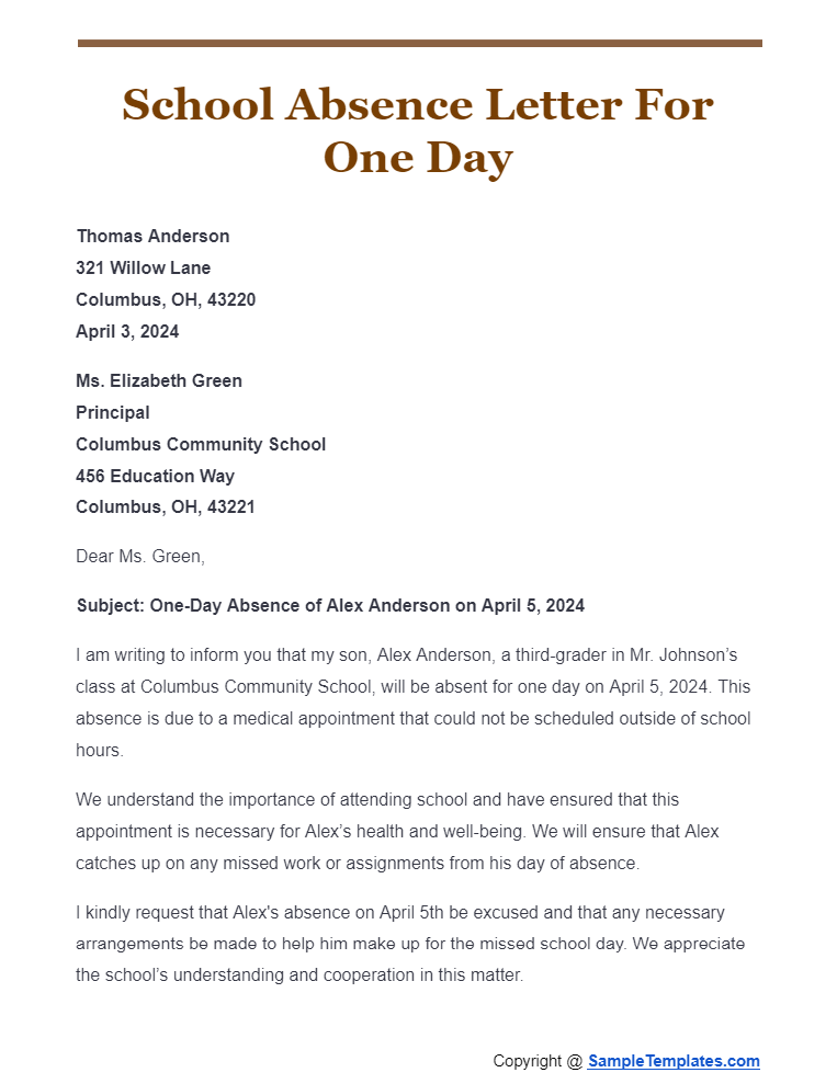school absence letter for one day