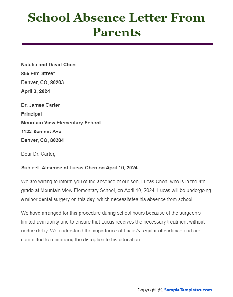 school absence letter from parents
