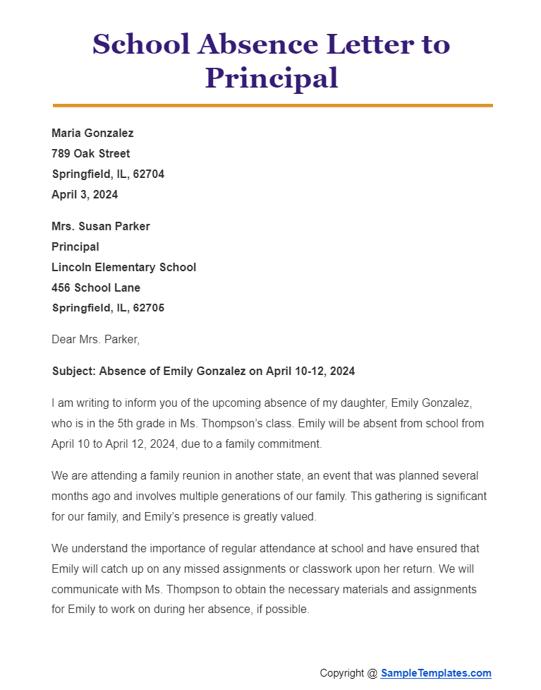 school absence letter to principal