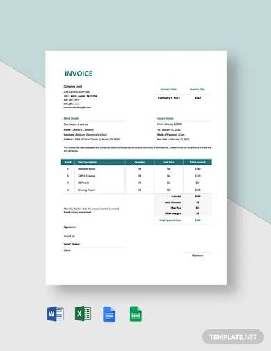 school supply order invoice template