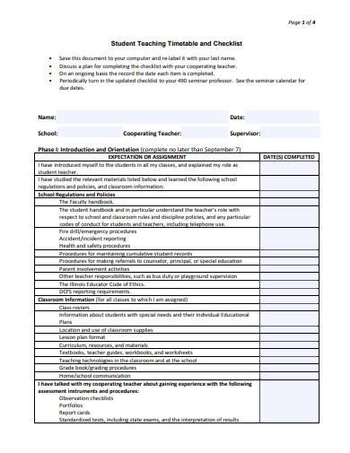 student teaching timetable and checklist