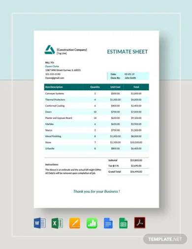 estimate sheet template