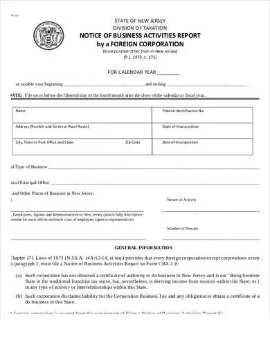 notice of business activity report