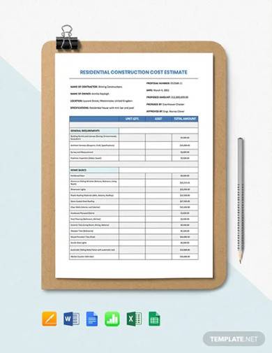 residential construction cost estimate template