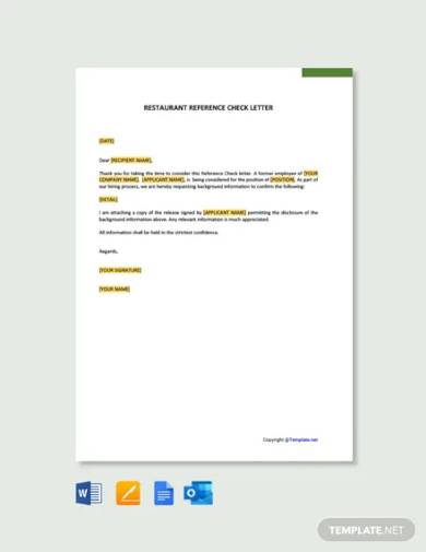 restaurant reference check letter template