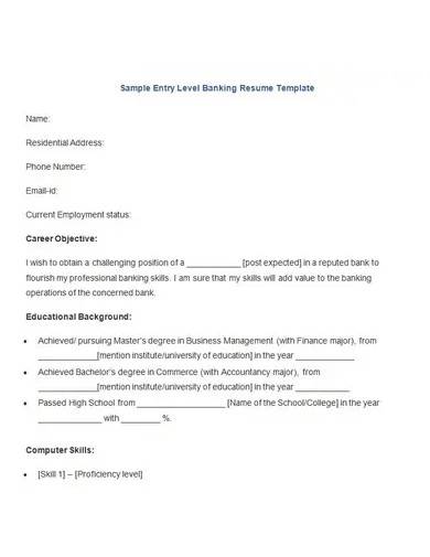 sample entry level banking resume