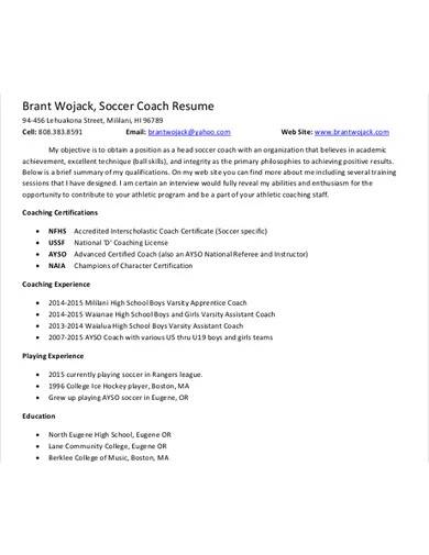sample soccer coach resume