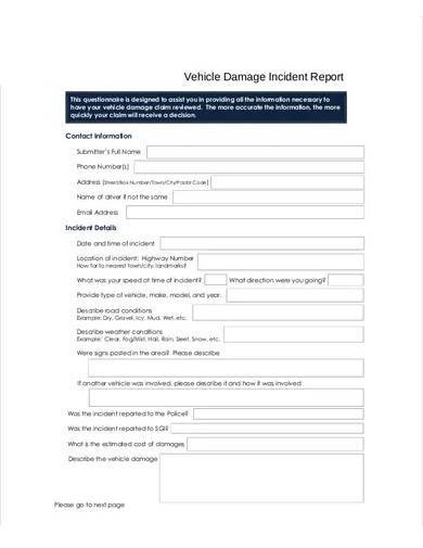 sample vehicle damage report form