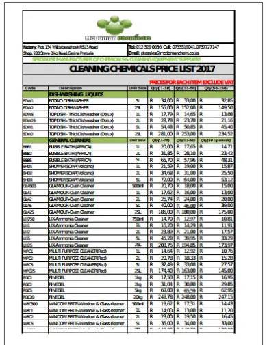 cleaning chemicals price list