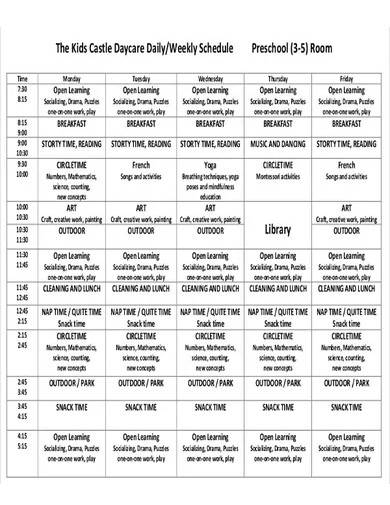 daily weekly daycare schedule