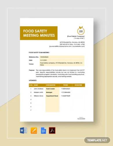 free food safety meeting minutes template