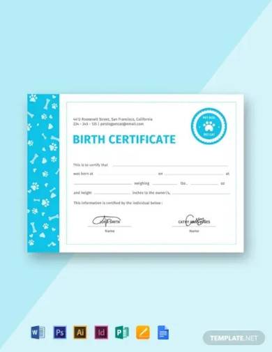 free pet birth certificate template