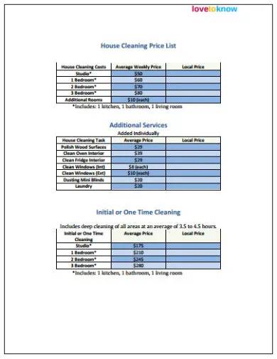 house cleaning price list