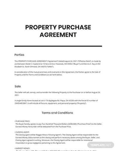 property purchase agreement sample template