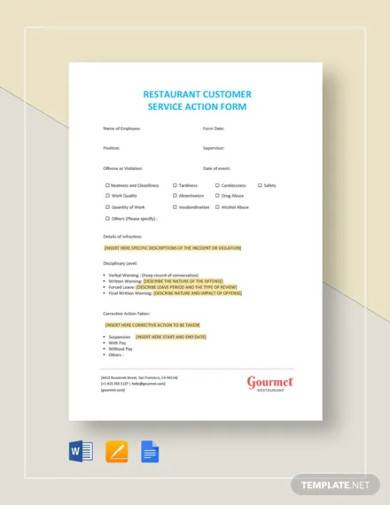 restaurant customer service action form template