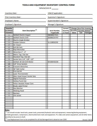 tools and equipment inventory control form