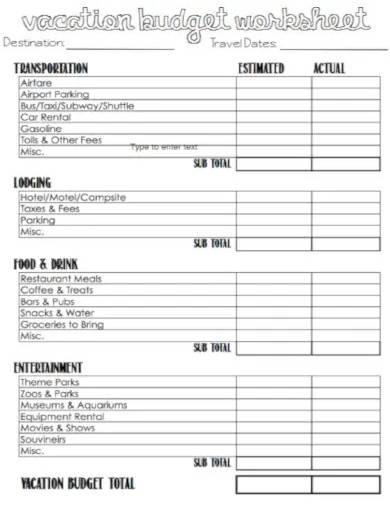 vacation budget worksheet template