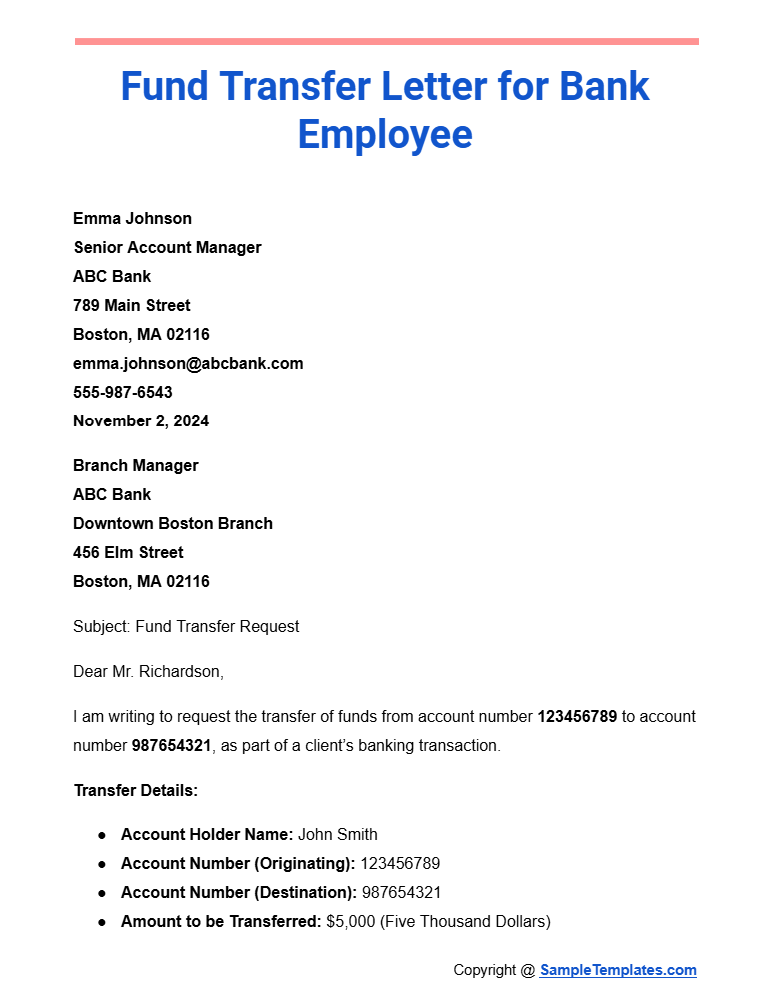 fund transfer letter for bank employee