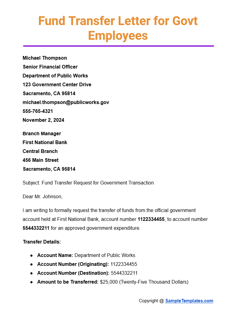 fund transfer letter for govt employees