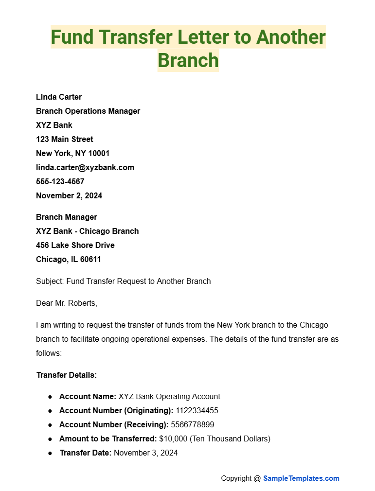 fund transfer letter to another branch