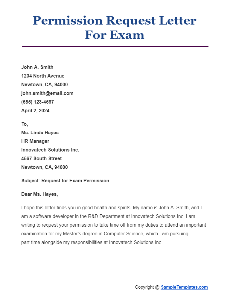 permission request letter for exam